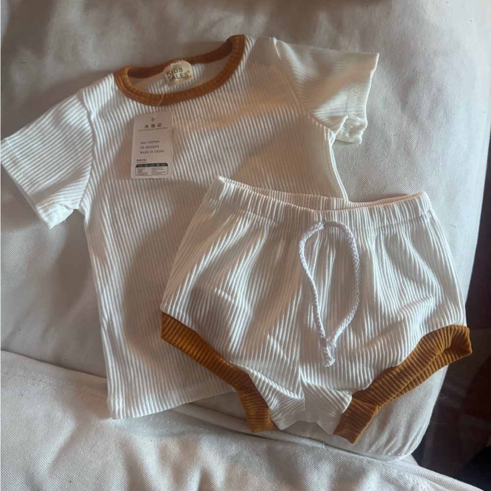 White and Brown Ribbed Baby Outfit